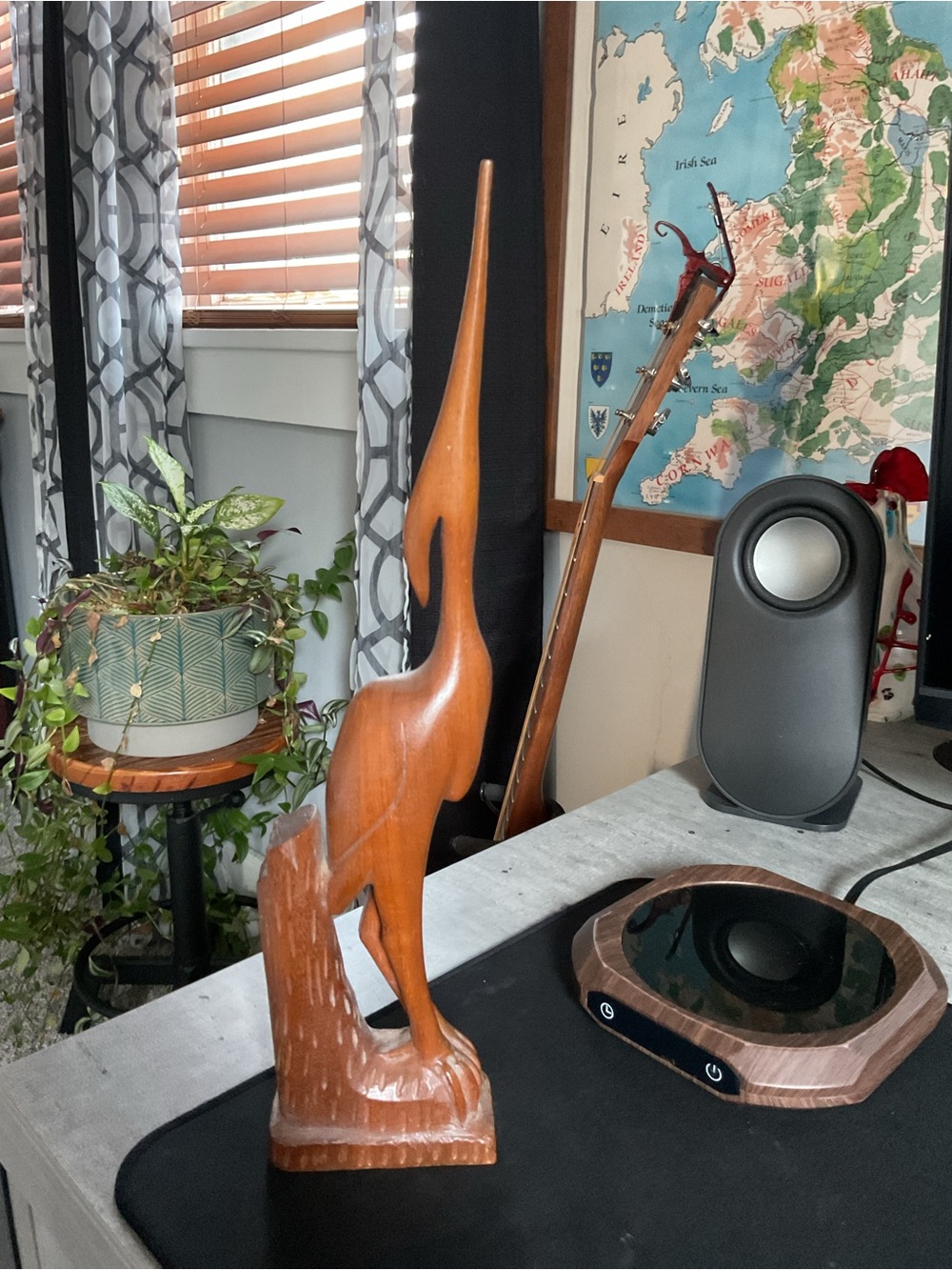 1976 Handcrafted  wooden bird statue sculpture Crane, Home/Office/Decor, signed.